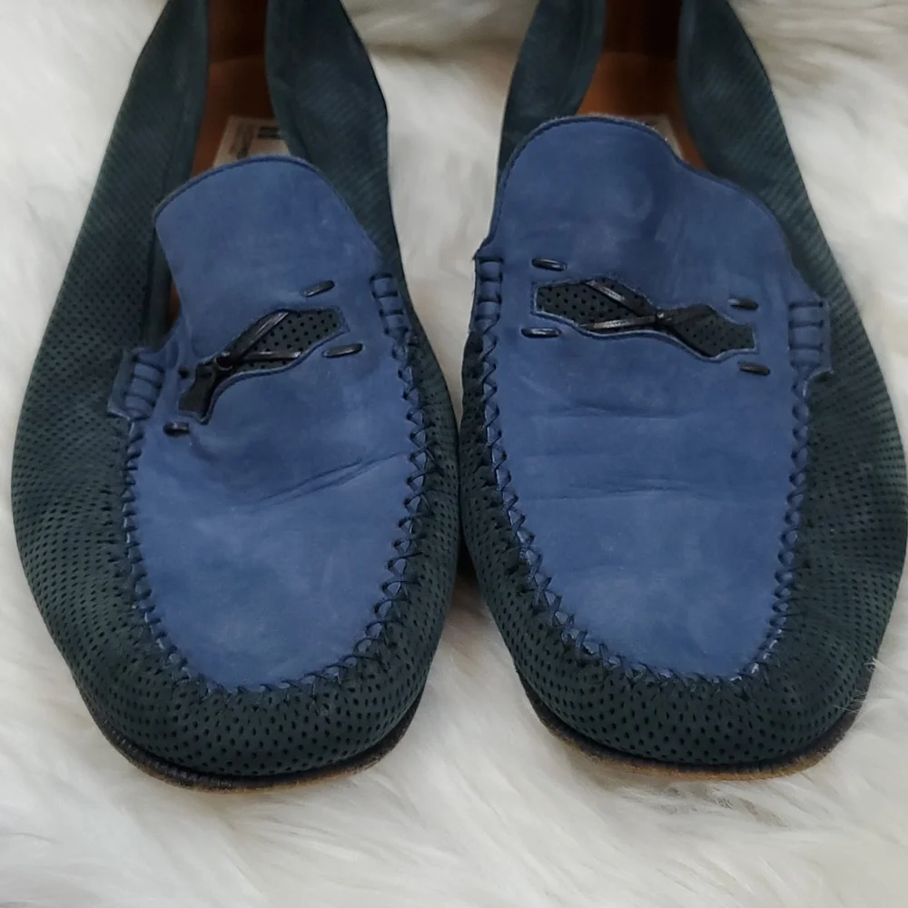 MORESCHI Blue Suede & Black Leather Italian Loafers Slip on size 11